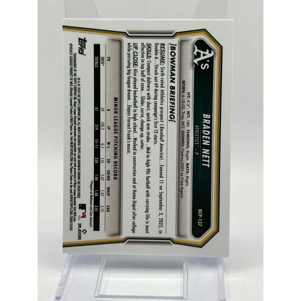 2026 Bowman Sapphire Braden Nett 1st Chrome Prospect Oakland Athletics